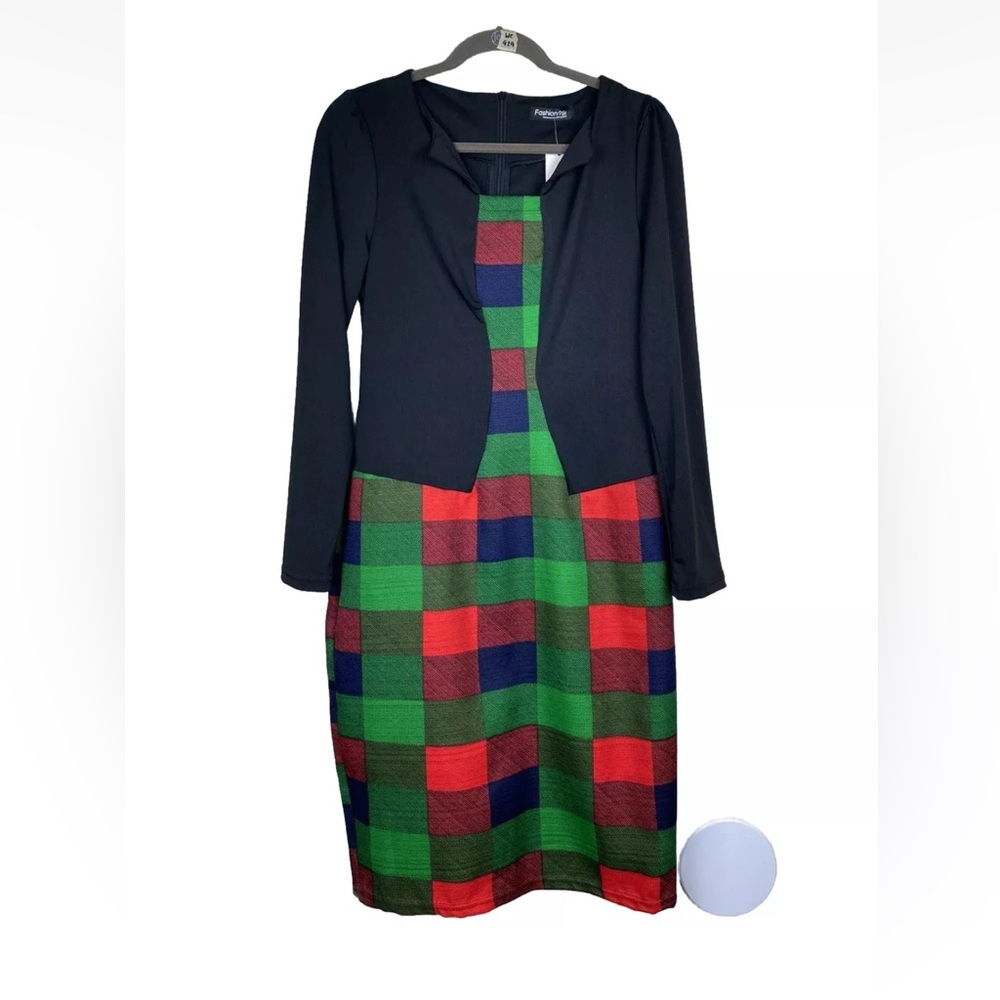 NWT Fashion Mia Christmas Dress Women M/L Plaid Faux Blazer W/ Zip